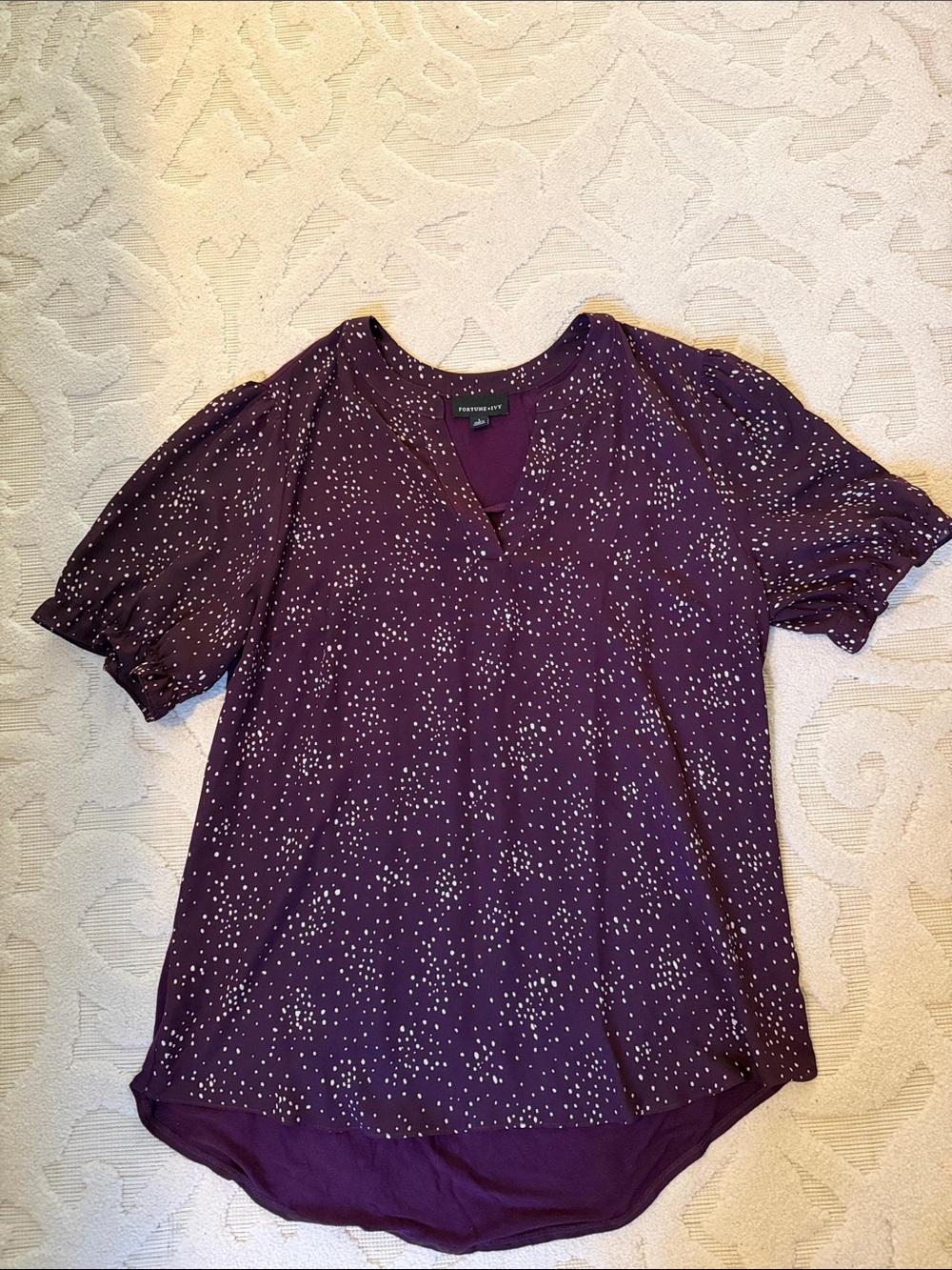Pleione Purple Notch-Neck Dot Print Short Sleeve Blouse